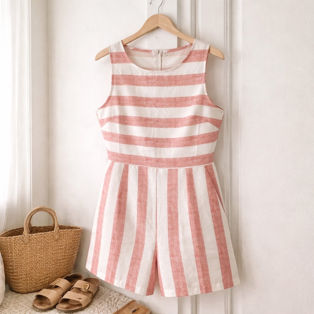 Sleeveless Pink and White Striped Romper